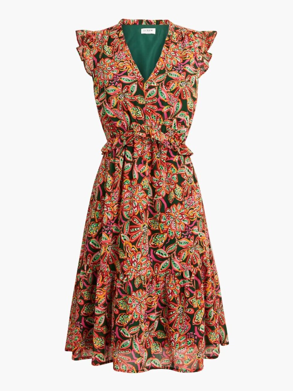 J.Crew Floral Ruffle Mini Dress Green Pink Tiered V-Neck Feminine Boho Vacation